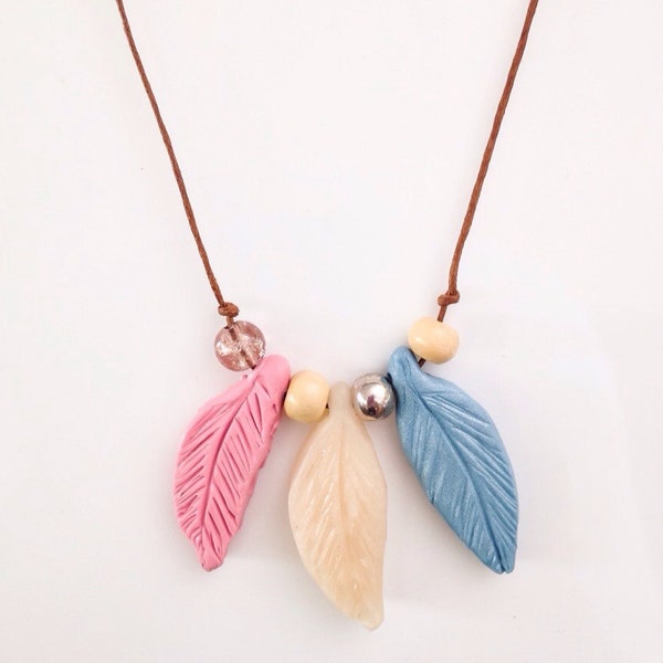 Pink Blue and White Polymer Clay Feather Necklace Pendant//Feather Jewellery//Pink Polymer Necklace//Gift for Her//Gift for Mum//Boho Jewel