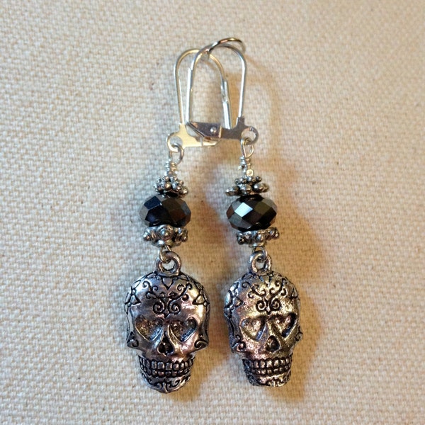 Day of the Dead Sugar Skull Earrings with Hematite-colored Crystal Dangle Earrings