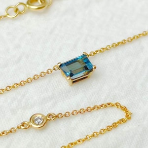 14K Gold London Blue Topaz Necklace: Emerald-Cut Diamond Accent