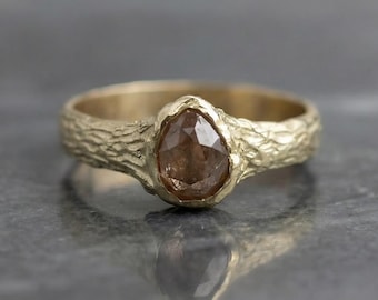 10k Gold Rustic Ring – Pear Brown Diamond, Organic Band, Brutalist Style