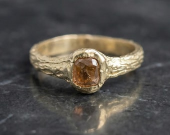 10k Gold Organic Textured Ring – Rose Cut Peach Diamond, Rustic Band