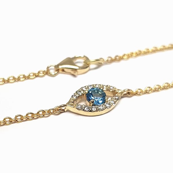 Blue Topaz Evil Eye Bracelet 14k Gold, 0.19cts Topaz and Diamond bracelet, May Birthstone Bracelet, Protection Evil Eye Bracelet