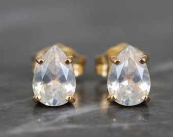 14K Gold Moonstone Stud Earrings: Pear Gemstone, June Birthstone