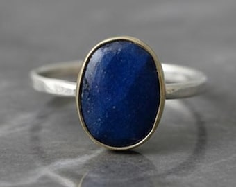 Handmade Sapphire Ring: 14k Gold Bezel, Sterling Silver Band, US Size 6.25