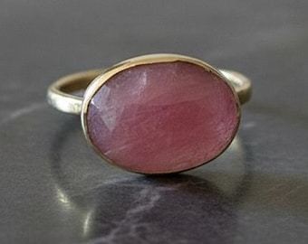 14K Gold Pink Sapphire Ring: Oval Gold Statement Ring, Size 6