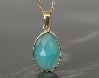 14K Gold Amazonite Necklace: Handmade Cabochon Gemstone Pendant