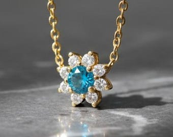 14K Gold London Blue Topaz Flower Necklace: Diamond Petals