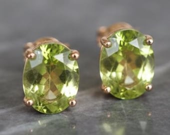 14K Gold Peridot Earrings, Oval Peridot Studs, August Birthstone