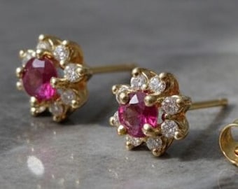 14K Gold Ruby Moissanite Cluster Stud Earrings: July Birthstone