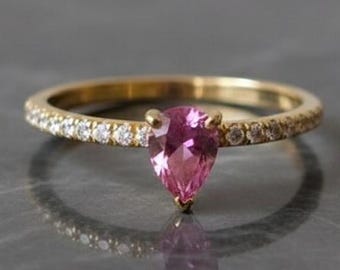 14k Gold Pink Sakura Moissanite Pear Ring: Promise Ring