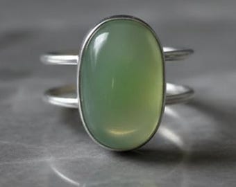 Sterling Silver Chalcedony Ring: Handmade Minimalist Double Band, Size 7