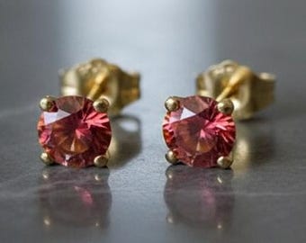 14k Gold Moissanite Stud Earrings: 5mm Rainbow Red Solitaire
