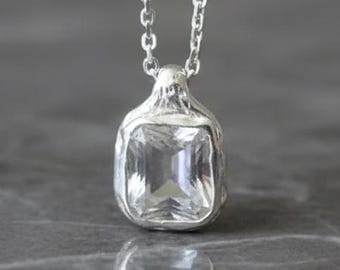 Sterling Silver White Topaz Necklace | 8x10mm Emerald-Cut Gemstone Pendant | Handmade Organic Silver Jewelry