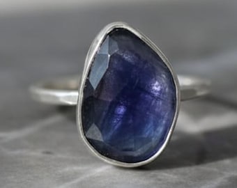 Sterling Silver Iolite Ring: Pear Gemstone, Minimalist Boho Jewelry