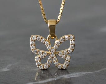 Gold Moissanite Pendant, Minimalist Butterfly Necklace, Valentine's day Gift