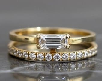 Gold Baguette Moissanite Double Ring: Unique 14K Wedding Band