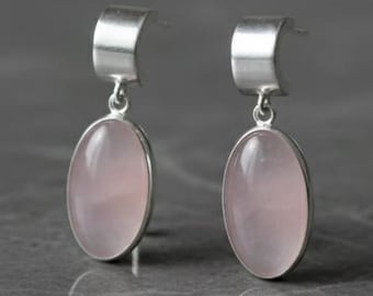 Sterling Silver Rose Quartz Earrings | 10x20mm Oval Gemstone Dangle Earrings | Handmade Minimalist Jewelry