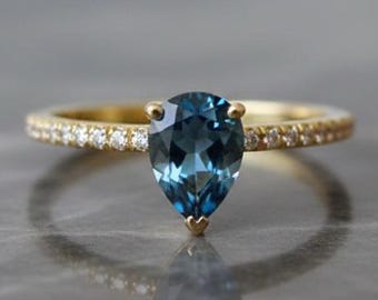 14k Gold London Blue Topaz & Diamond Ring, December Birthstone Ring
