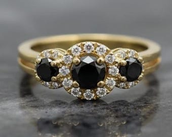 Gold Triple Black Diamond Ring: Moissanite Accent, 14K Gold