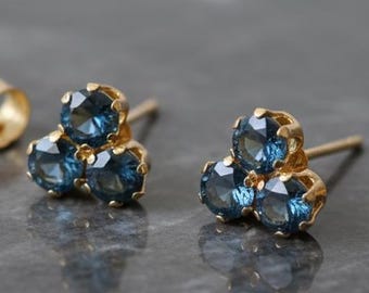 14K Gold London Blue Topaz Cluster Stud Earrings, December Birthstone, Minimalist Fine Jewelry