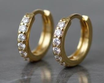 Diamond Helix Earrings, 14k Gold Huggies, Girl Birthday Day Gift