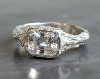Sterling Silver White Topaz Handmade Ring - Organic Textured Band, Size 7.5