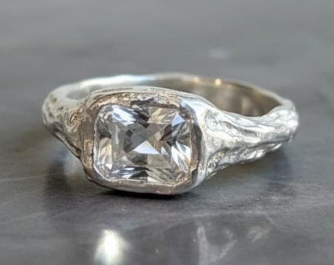 Featured listing image: Sterling Silver White Topaz Handmade Ring - Organic Textured Band, Size 7.5