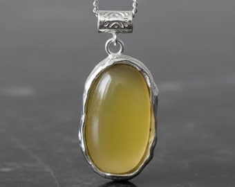 Sterling Silver Yellow Carnelian Necklace - 12x20mm Oval Gemstone Pendant, Handmade Textured Silver Jewelry