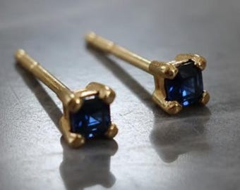 14K Yellow Gold Sapphire Stud Earrings: Princess Cut 2.2mm