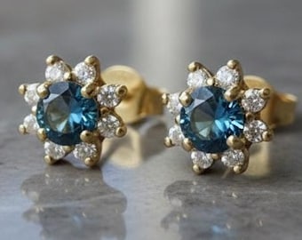 14K Gold London Blue Topaz Diamond Cluster Stud Earrings: December Birthstone