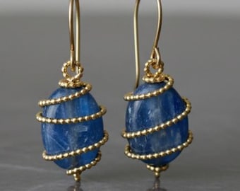 Gold Filled Kyanite Dangle Earrings: Wire Wrapped Gemstone Jewelry