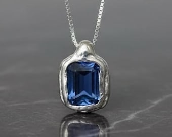 Sterling Silver Iolite Necklace | 7x9mm Emerald-Cut Gemstone Pendant | Handmade Organic Silver Jewelry