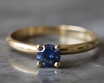 14K Gold Sapphire Solitaire Ring, Minimalist Engagement Ring