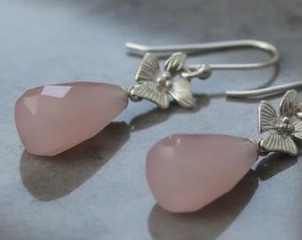 Sterling Silver Rose Quartz Earrings – Pink Teardrop Gemstone Earrings with Floral Detail