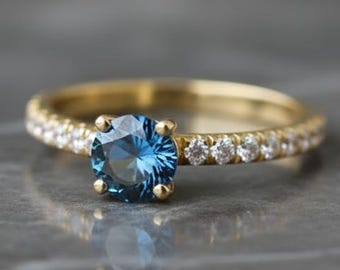 14K Gold London Blue Topaz Ring, Moissanite Pave Band, Elegant Fine Jewelry