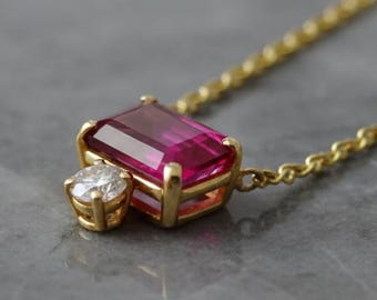 14K Gold Pink Topaz & Moissanite Necklace: Emerald Cut Two-Stone Pendant