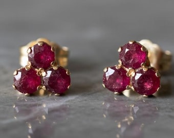 14k Gold Ruby Stud Earrings, Triple Stone July Birthstone