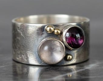 Garnet & Rose Quartz Wide Sterling Silver Ring with 14k Gold