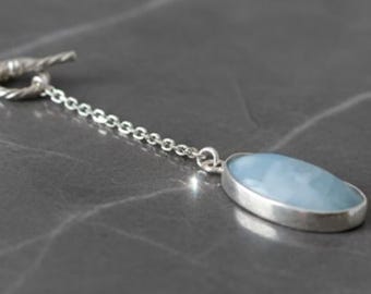 Sterling Silver Blue Opal Lariat Necklace: Handmade Gemstone Pendant