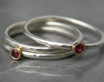 Stackable Sterling Silver Ring Set: 14k Gold & Red Diamond Bezels