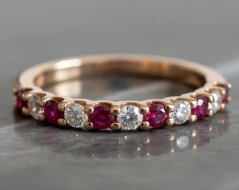 Handmade 14K Rose Gold Ruby and Diamond Eternity Ring