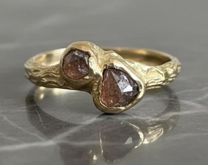 Featured listing image: 10K Gold Two-Stone Diamond Ring, Light Brown Vintage-Cut Diamonds, Textured Gold Band, Size 8.25