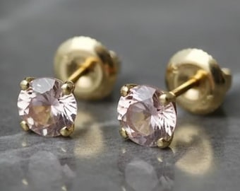 14k Gold Morganite Stud Earrings Screw Back | 5.5mm Pink Gemstone Solitaire Earrings for Women