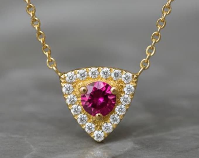 Featured listing image: 14K Gold Pink Tourmaline Necklace: Diamond Halo Pendant