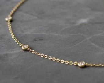 14k Solid Gold Diamonds by the Yard Necklace Choker: Minimalist Bezel Necklace