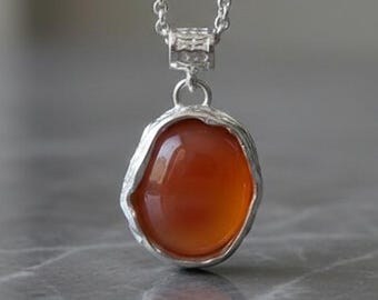 Sterling Silver Carnelian Necklace - 10x12mm Orange Gemstone Pendant, Handmade Textured Silver Setting