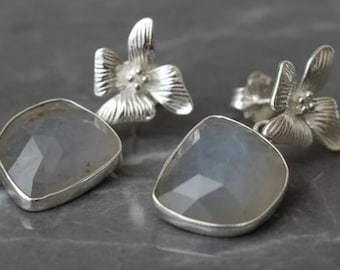 Sterling Silver Aquamarine Floral Earrings – Rose Cut Cushion Gemstones, Handmade Nature-Inspired Jewelry