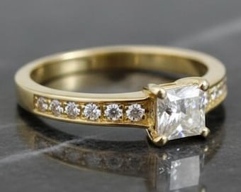 Princess Cut Moissanite Ring: 14K Yellow Gold Engagement Ring