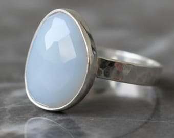 Sterling Silver Blue Opal Ring: Pear Rose Cut Gemstone, Size 7.75