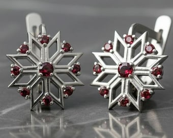 Sterling Silver Garnet Snowflake Earrings: Handmade Winter Studs